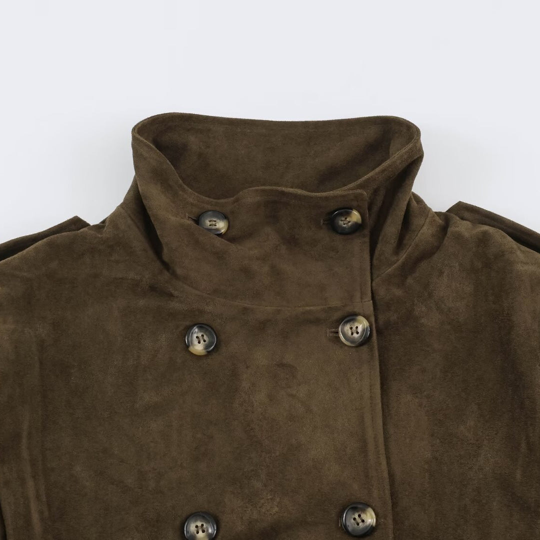 Damen Kurzgeschnittener Doppelreihiger Wildlederoptik-Bomber mit Stehkragen und Schulterpatten Nord Taschen