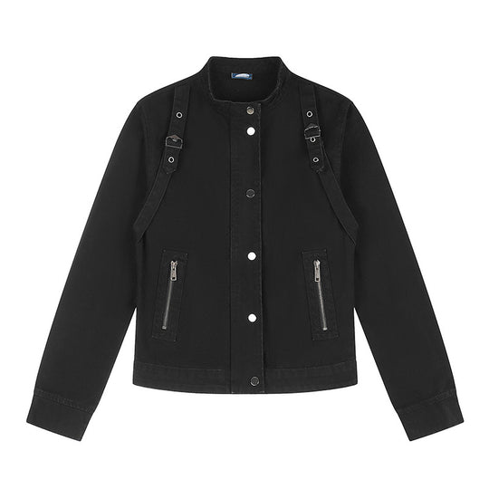 Damen Kurze Utility-Jacke mit Stehkragen, verstellbaren Schulterriemen und Druckknopfverschluss Nord Taschen
