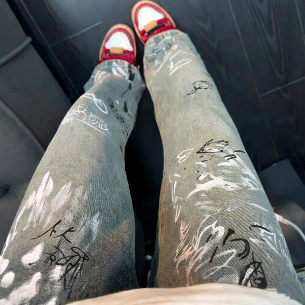 Damen Modische Ripped Skinny Jeans mit kreativen Grafiken Nord Taschen