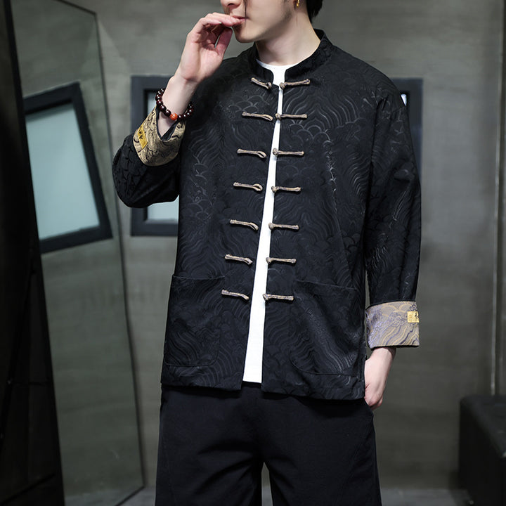 Herren traditionelle Tangjacke mit chinesischem Knotenverschluss und Brokatärmeln Nord Taschen