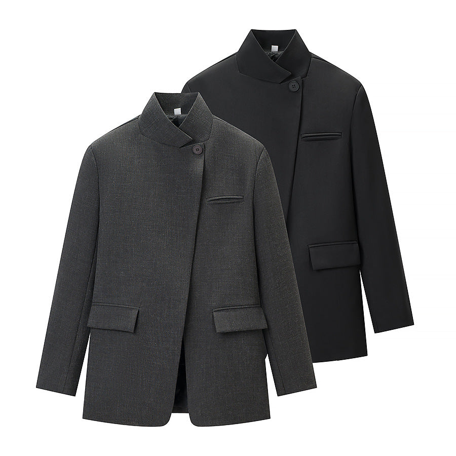 Damen 60+ karierter Mantelblazer mit Mandarinkragen, asymmetrischer Überlappung und Pattentaschen Nord Taschen