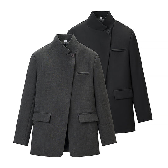 Damen 60+ karierter Mantelblazer mit Mandarinkragen, asymmetrischer Überlappung und Pattentaschen Nord Taschen