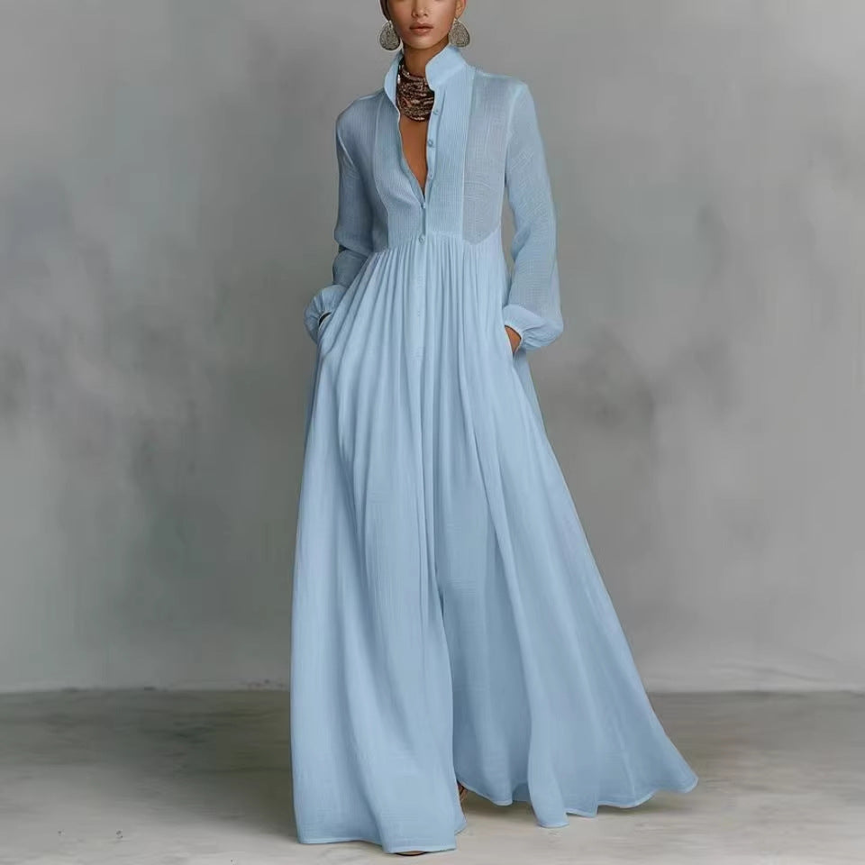 Damen Maxikleid mit Stehkragen, Knopfleiste und seitlichen Taschen Nord Taschen