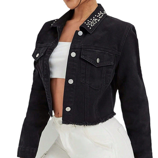 Damen Cropped Jeansjacke mit perlenbesetztem Kragen und rohem FransenSaum Nord Taschen