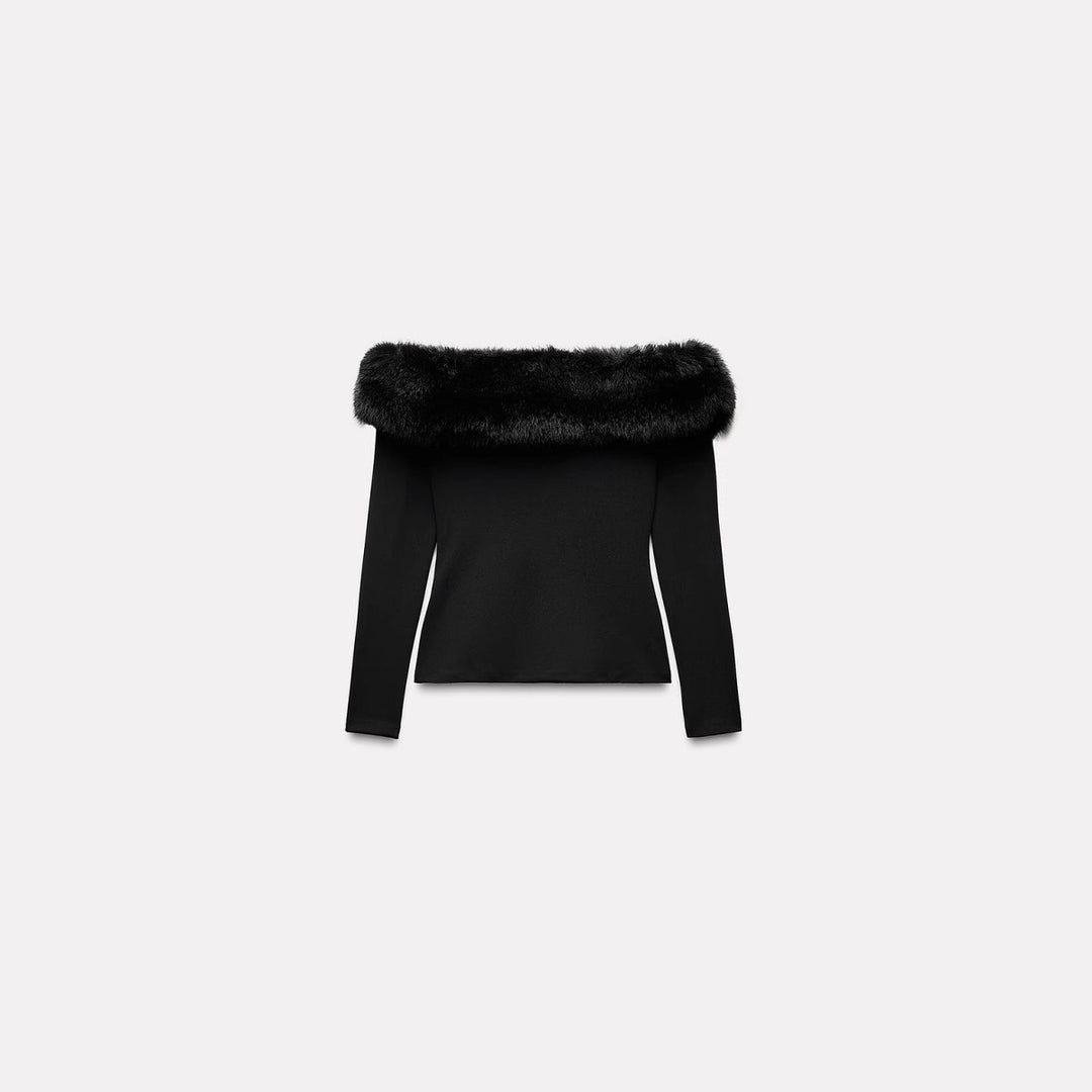 Damen Schulterfreier Langarmpullover mit weitem Faux‑Fur‑Schalkragen Nord Taschen