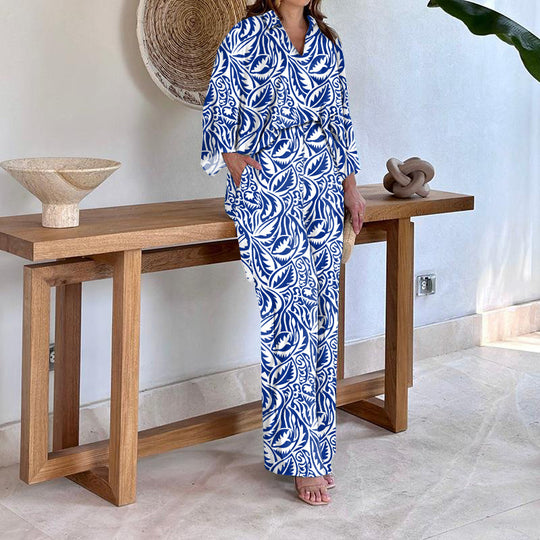 Damen Gemustertes Kimono-Lounge-Set mit weitem Palazzohose aus leichtem Viskose-Mix Nord Taschen