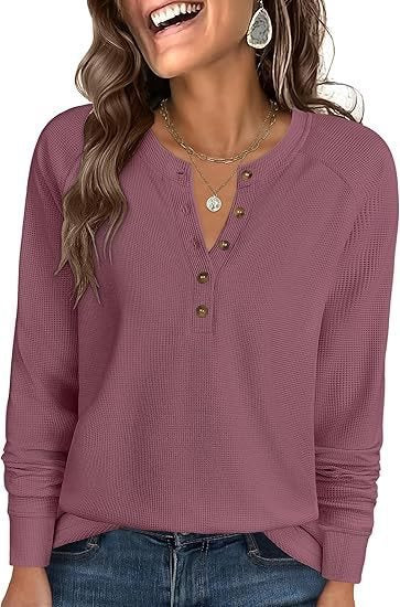 Damen Waffelstrick-Henley-Longsleeve mit Knopfleiste, Raglanärmeln und gerippten Bündchen Nord Taschen
