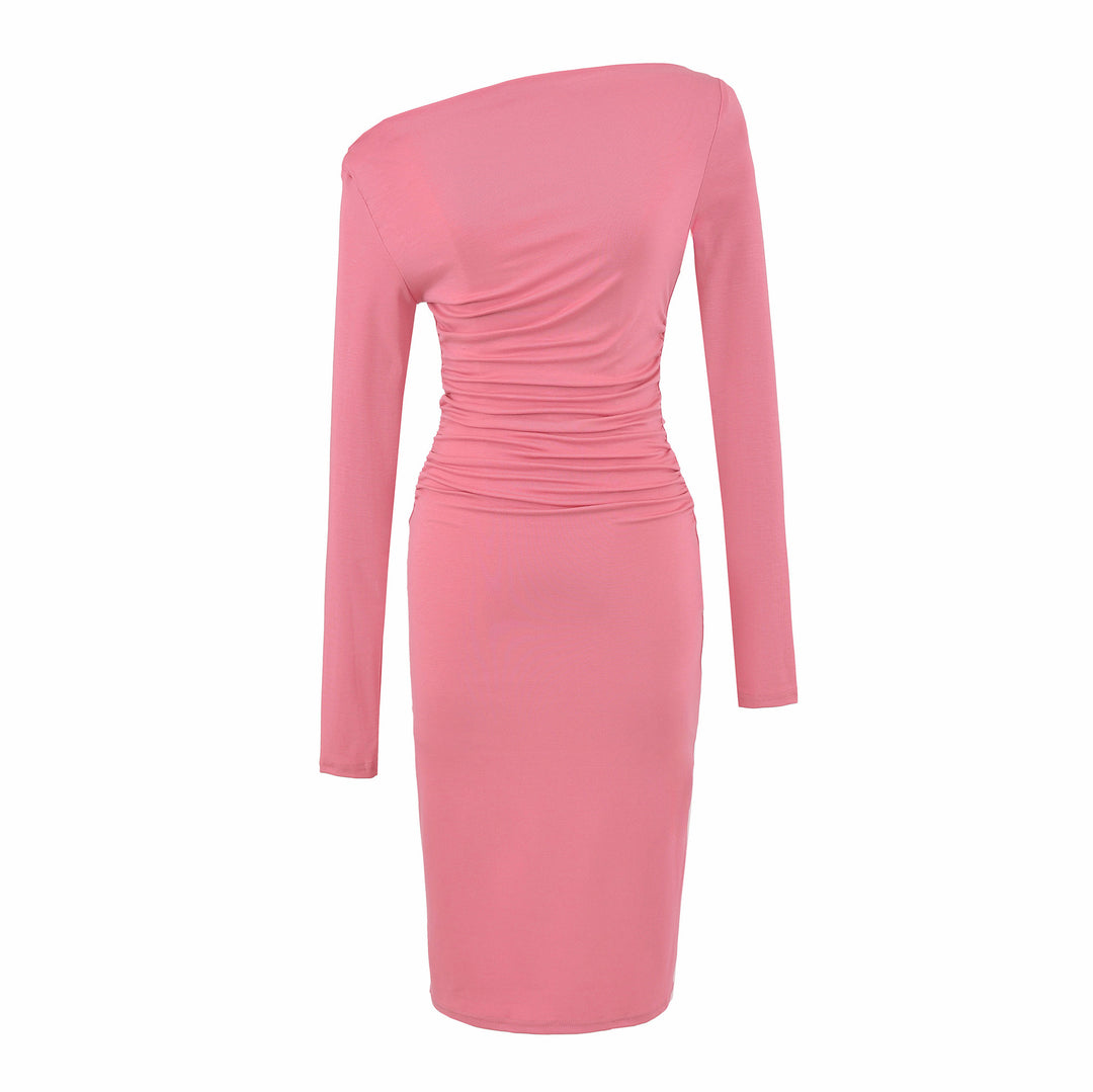 Damen Asymmetrisches Ein-Schulter-Midikleid mit Raffung und Langarm Nord Taschen