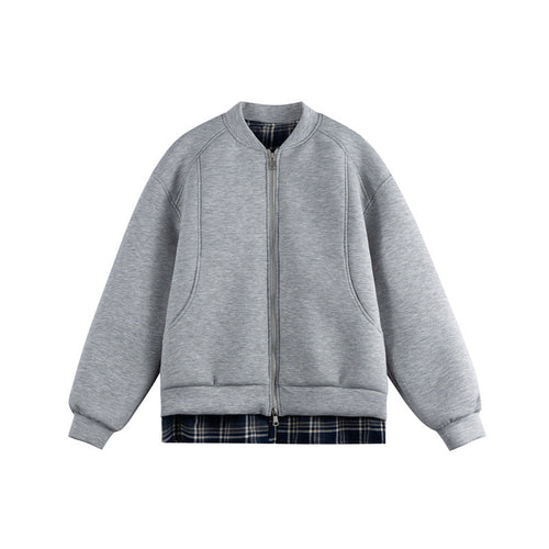 Damen Zwei‑in‑Eins Bomber‑Sweatjacke mit Karo‑Layer‑Einsatz und Stehkragen Nord Taschen