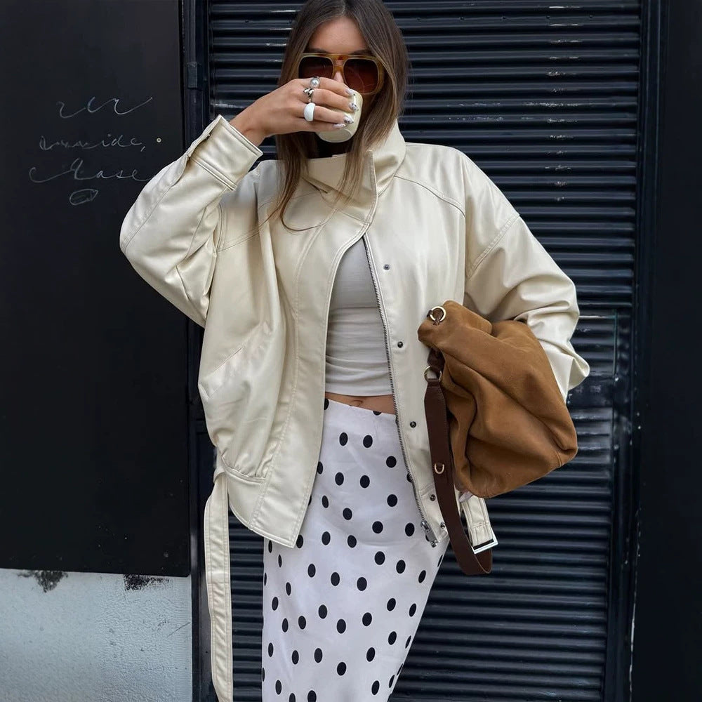 Damen Oversize-Lederimitatjacke mit Stehkragen und Tunnelzug Nord Taschen