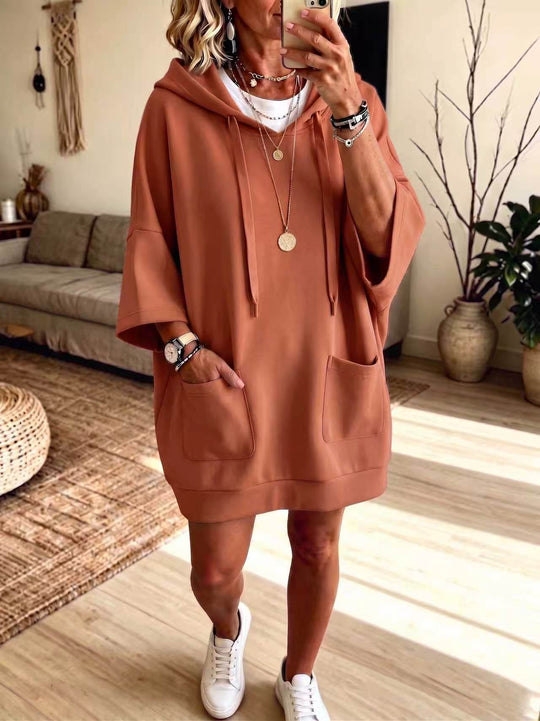 Damen Oversize Hoodie-Kleid mit Kängurutaschen und halblangen Ärmeln Nord Taschen