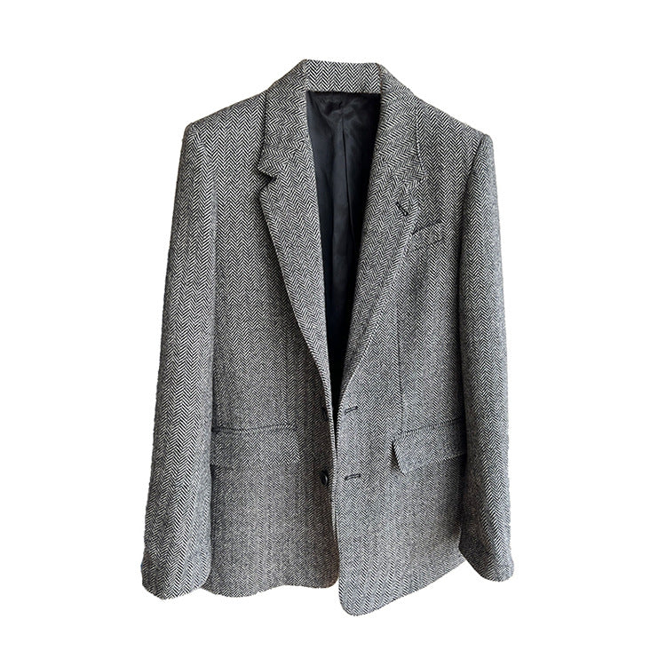 Damen Lockere Wollmix-Blazer im Fischgrät-Tweed mit Kontrast-Ellenbogenpatches Nord Taschen