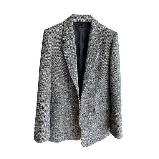 Damen Lockere Wollmix-Blazer im Fischgrät-Tweed mit Kontrast-Ellenbogenpatches Nord Taschen