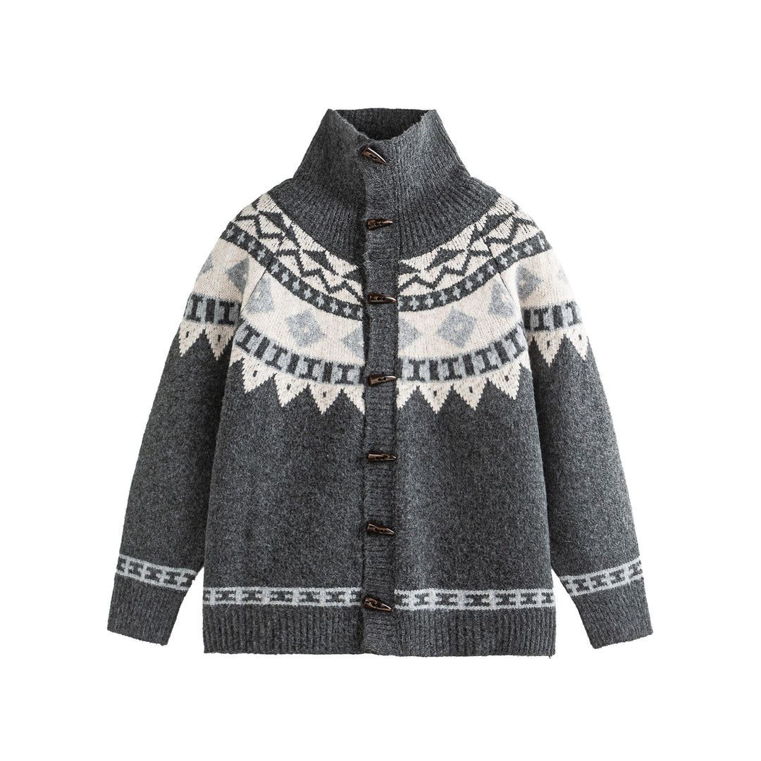 Damen Norwegermuster Strickcardigan mit hohem Stehkragen und Knebelverschlüssen Nord Taschen