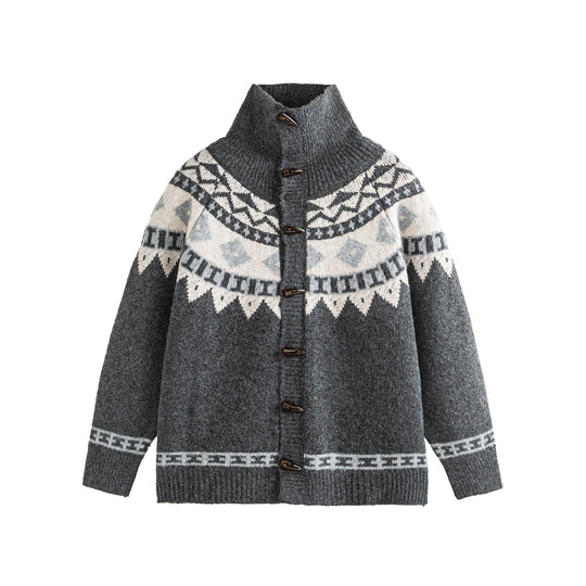 Damen Norwegermuster Strickcardigan mit hohem Stehkragen und Knebelverschlüssen Nord Taschen
