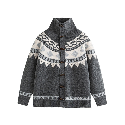Damen Norwegermuster Strickcardigan mit hohem Stehkragen und Knebelverschlüssen Nord Taschen