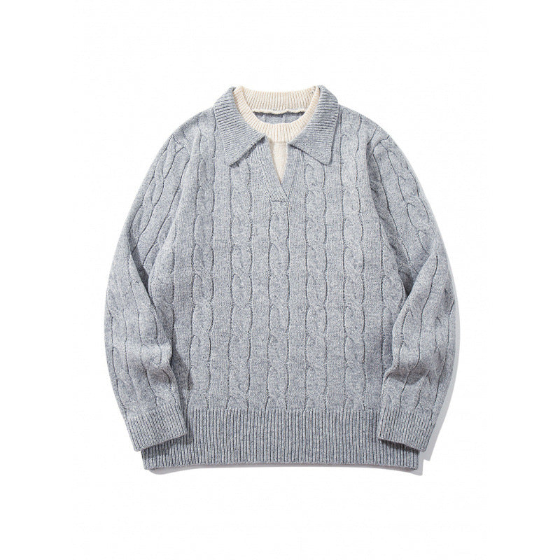 Herren Grobgestrickter Zopfmuster-Pullover mit Polokragen und V‑Ausschnitt Nord Taschen