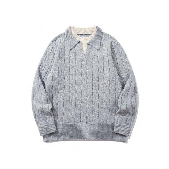 Herren Grobgestrickter Zopfmuster-Pullover mit Polokragen und V‑Ausschnitt Nord Taschen