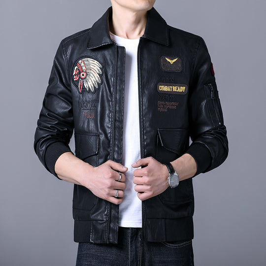 Herren Piloten‑Bomberjacke aus Kunstleder mit gestickten Patches und Rippbündchen Nord Taschen