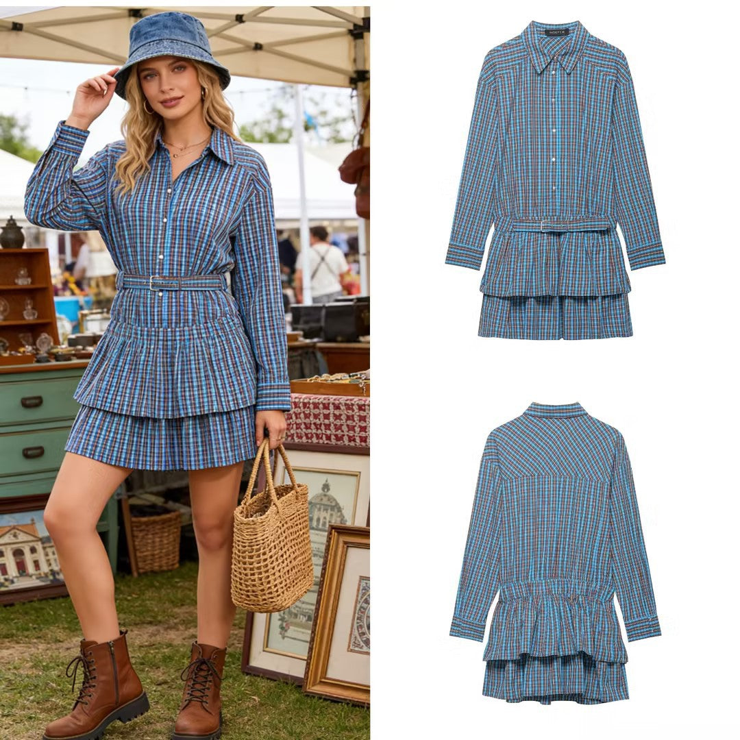 Damen Tailliertes Hemdkleid im Karomuster mit Bindegürtel und Stufenrock Nord Taschen