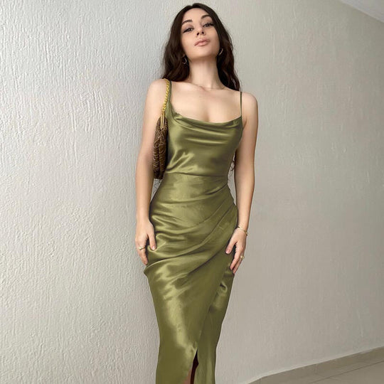 Damen modernes Satin-Midi-Kleid mit elegantem Wasserfallausschnitt und seitlichem Schlitz