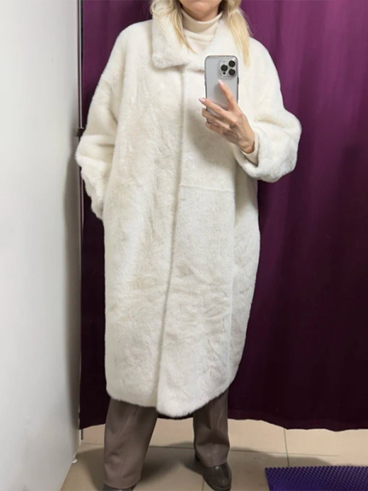 Damen Maxi Kunstfell-Mantel mit Oversize-Schnitt und aufgesetzten Taschen Nord Taschen