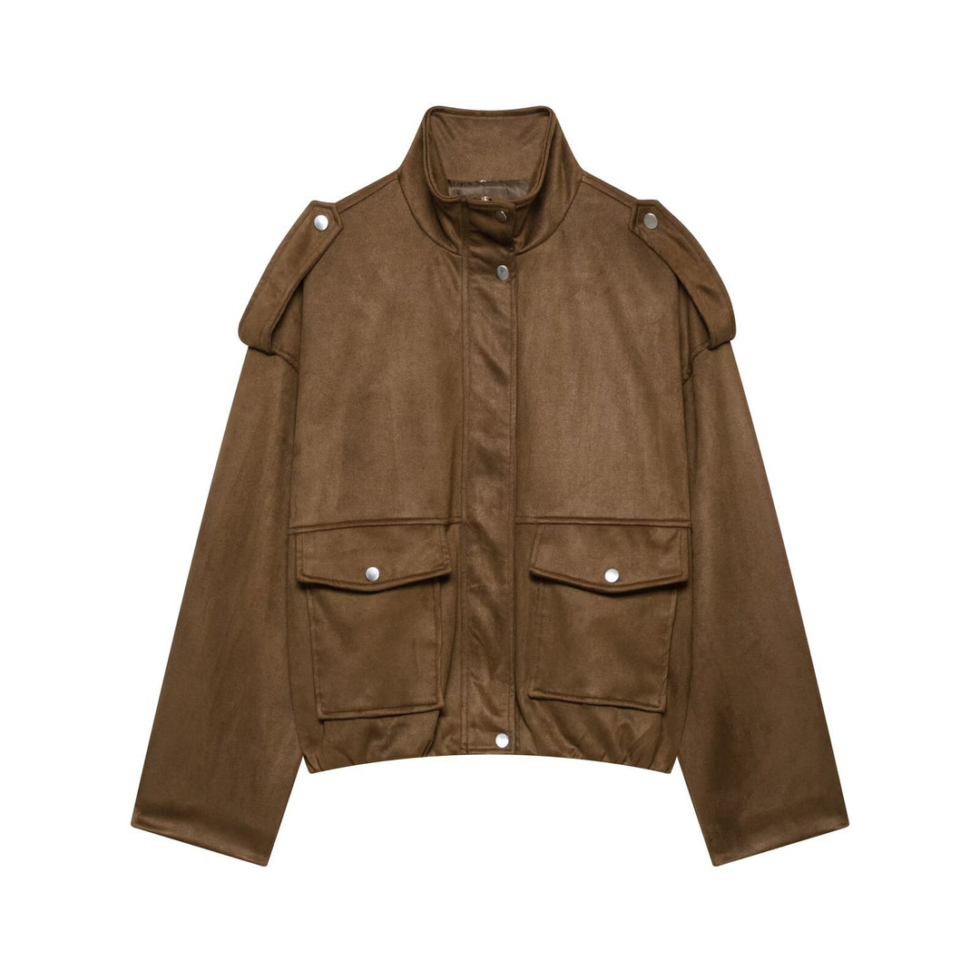 Damen Cropped Field-Jacke in Wildlederoptik mit Stehkragen, Schulterklappen und großen Pattentaschen Nord Taschen