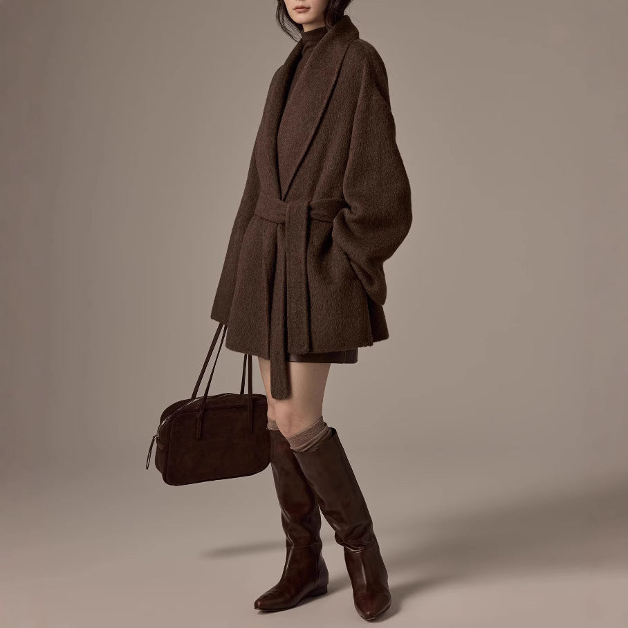 Damen Oversized Wollmantel mit Gürtel Nord Taschen