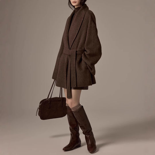 Damen Oversized Wollmantel mit Gürtel Nord Taschen