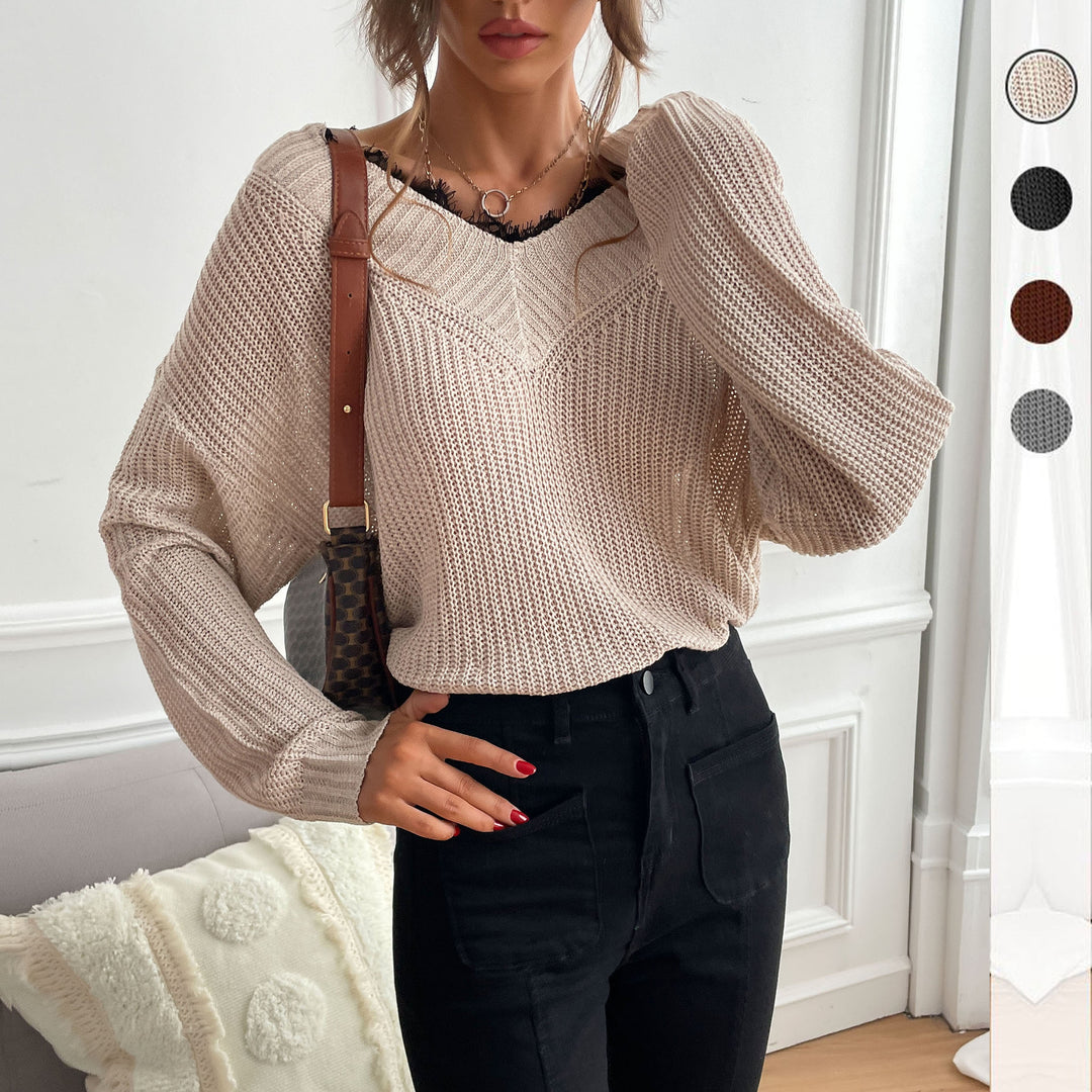 Damen Oversize V-Ausschnitt Strukturstrick-Pullover mit überschnittener Schulter und lockerer Silhouette Nord Taschen