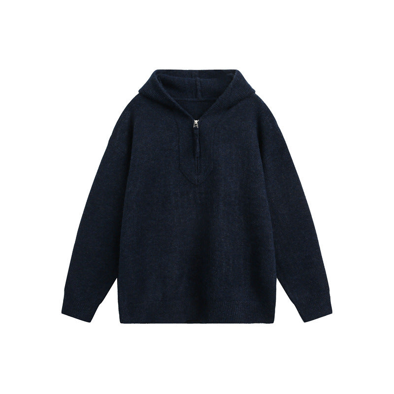 Unisex Grobgestrickter Kapuzenpullover mit halbem Reißverschluss und Boxy‑Schnitt Nord Taschen