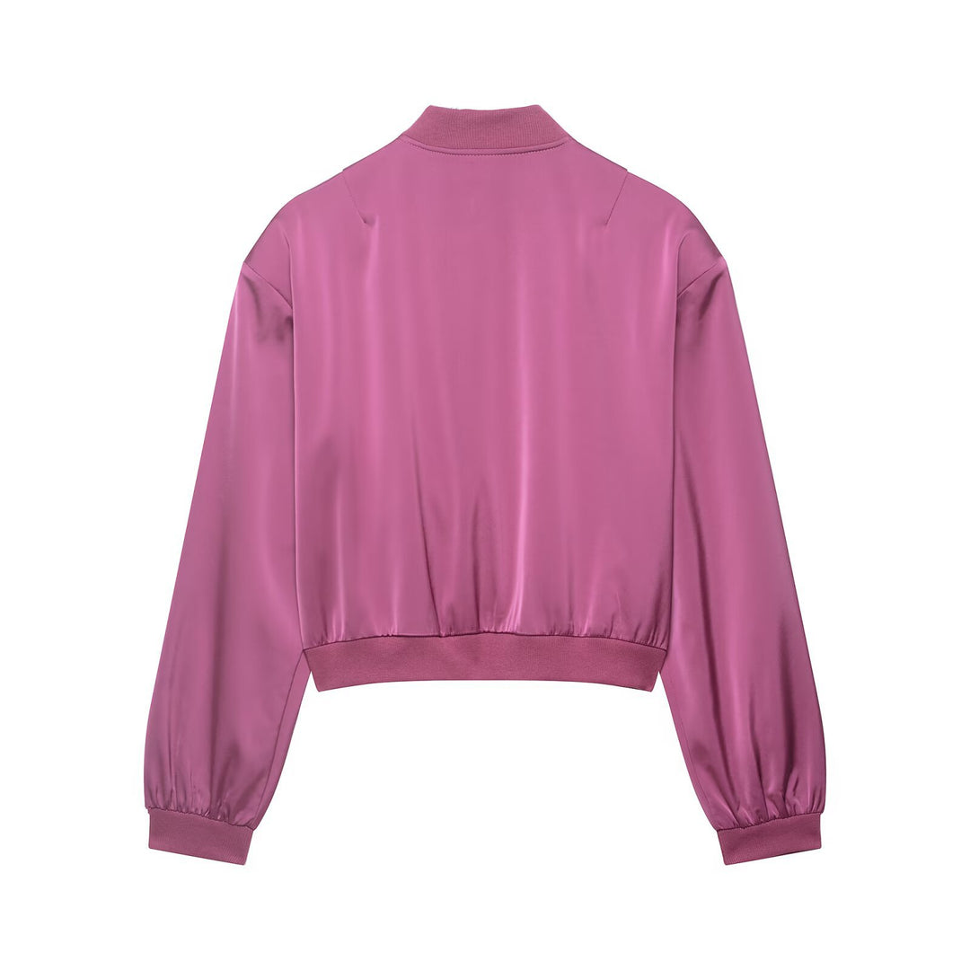 Damen Kurz geschnittene Satin-Bomberjacke mit Rippbündchen und Druckknopf-Taschen Nord Taschen