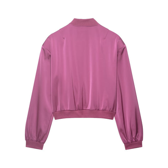 Damen Kurz geschnittene Satin-Bomberjacke mit Rippbündchen und Druckknopf-Taschen Nord Taschen