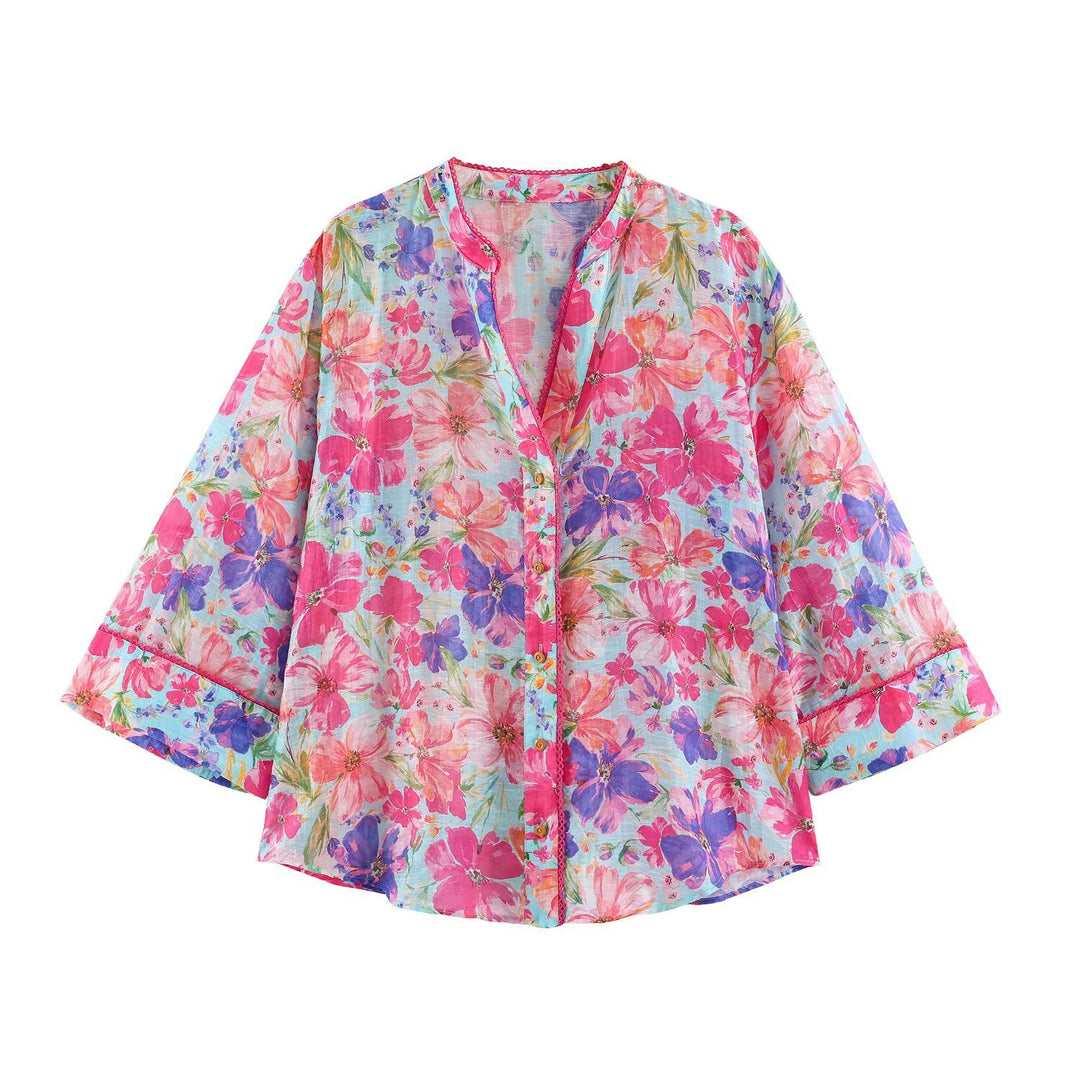 Damen Leichte Blumenbluse mit Stehkragen und dreiviertel Glockenärmeln Nord Taschen