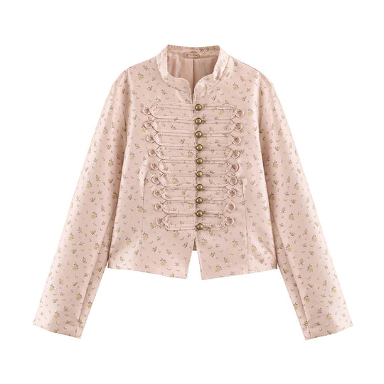Damen Kurze Brokatoptik Militärblousonjacke mit Froschknopfleiste Nord Taschen