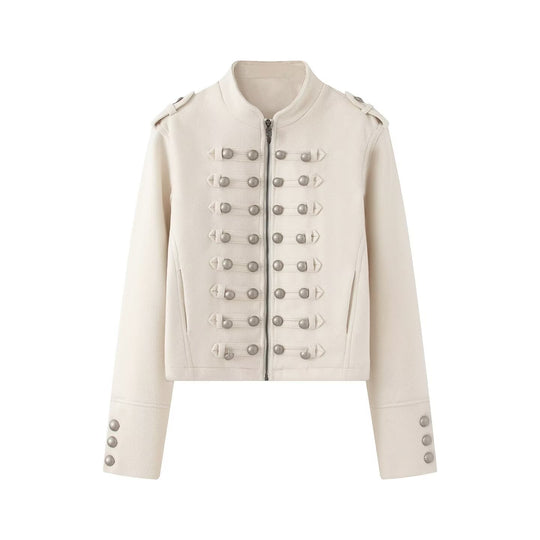 Damen Kurzgeschnittene Militärjacke mit Perlenbesatz und Stehkragen Nord Taschen