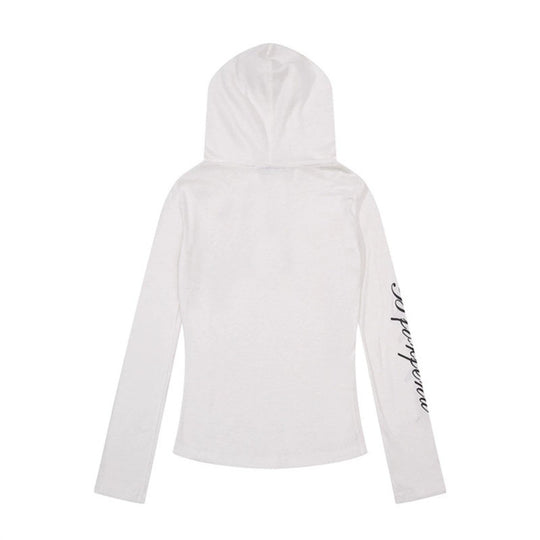 Damen Leichtes Langarm-Hoodie-Henleyshirt mit Knopfleiste, Kapuze und Music-Print Nord Taschen