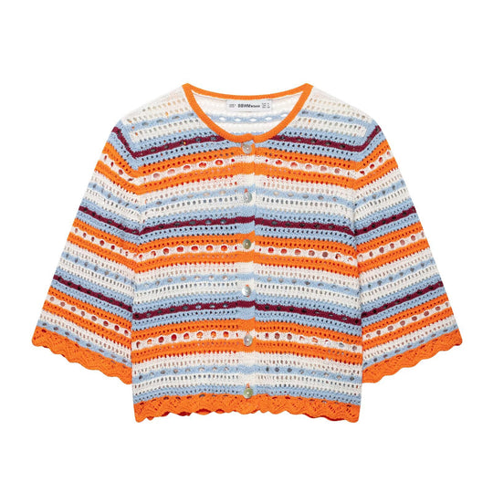 Damen Häkel-Cardigan Kurzarm mit Knopfleiste und Streifenstruktur Nord Taschen
