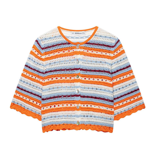 Damen Häkel-Cardigan Kurzarm mit Knopfleiste und Streifenstruktur Nord Taschen