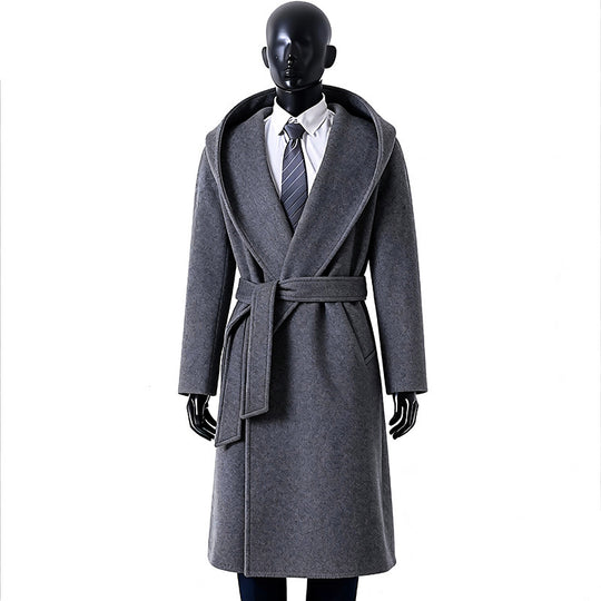Herren Robenmantel aus Wollmix mit weitem Schalkragen und Bindegürtel Nord Taschen