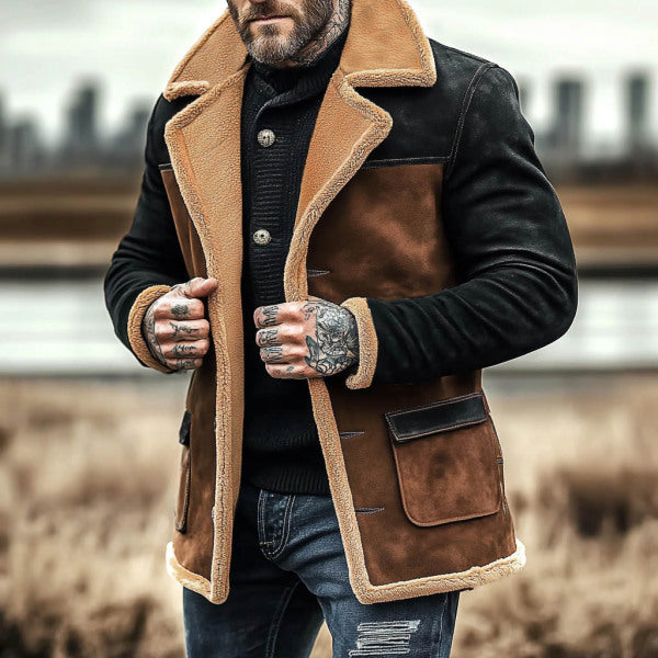 Herren Langer Kunstlammfell-Mantel mit Schalkragen, Kontrastärmeln und Pattentaschen Nord Taschen