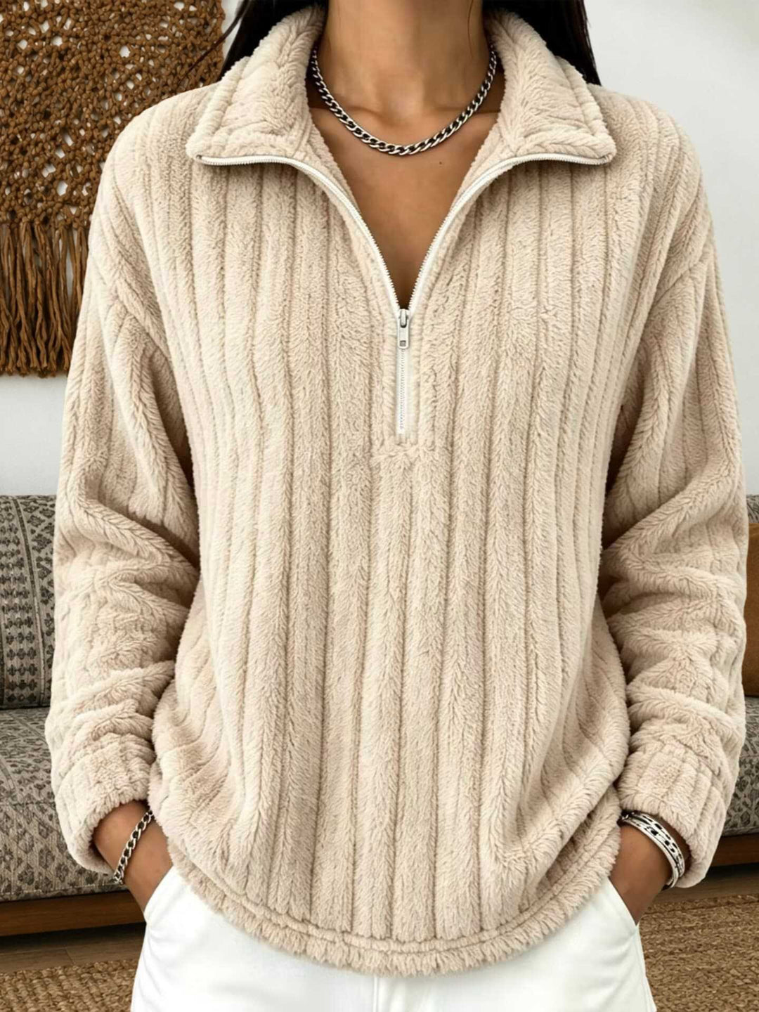 Damen Kuscheliger Plüsch-Halfzip-Pullover mit Stehkragen Nord Taschen