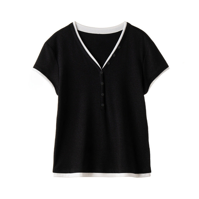 Damen Kurzärmeliges V-Ausschnitt-Henley-Shirt aus Stretch-Jersey mit feiner Knopfleiste Nord Taschen