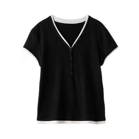Damen Kurzärmeliges V-Ausschnitt-Henley-Shirt aus Stretch-Jersey mit feiner Knopfleiste Nord Taschen