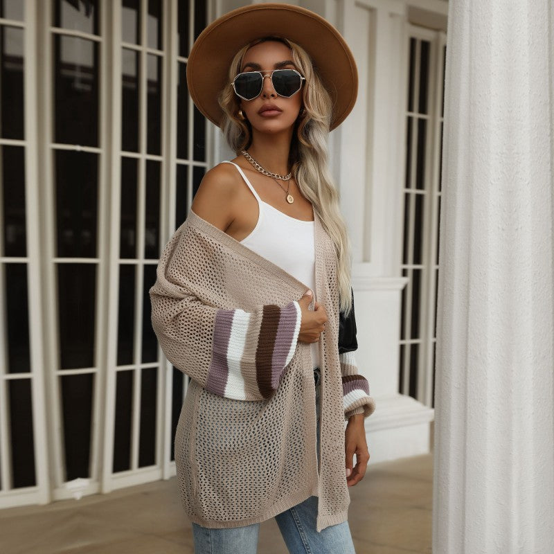 Damen Offene Longcardigan-Strickjacke mit Lochstrick, Ballonärmeln und gestreifter Ärmelpassform Nord Taschen