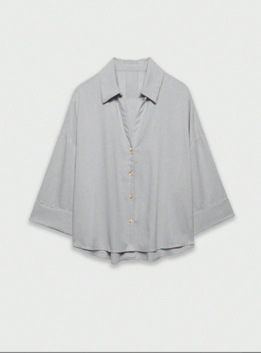 Damen Leichte Oversize Leinenoptik Bluse mit Dreiviertelärmeln und durchgehender Knopfleiste Nord Taschen