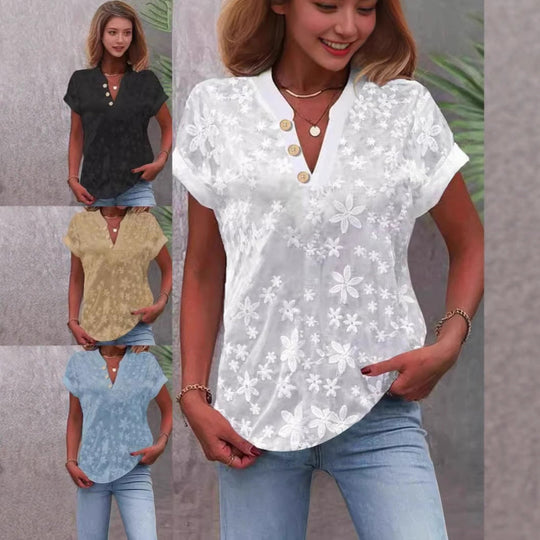 Damen Bluse mit floralem Stickmuster und klassischem V-Ausschnitt