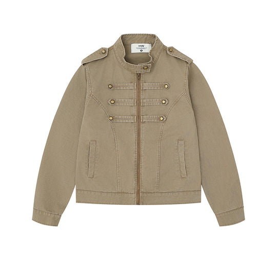 Damen Military-inspirierte Baumwoll-Canvas-Jacke mit Stehkragen, Zierknopfleisten und Schulterpatten Nord Taschen