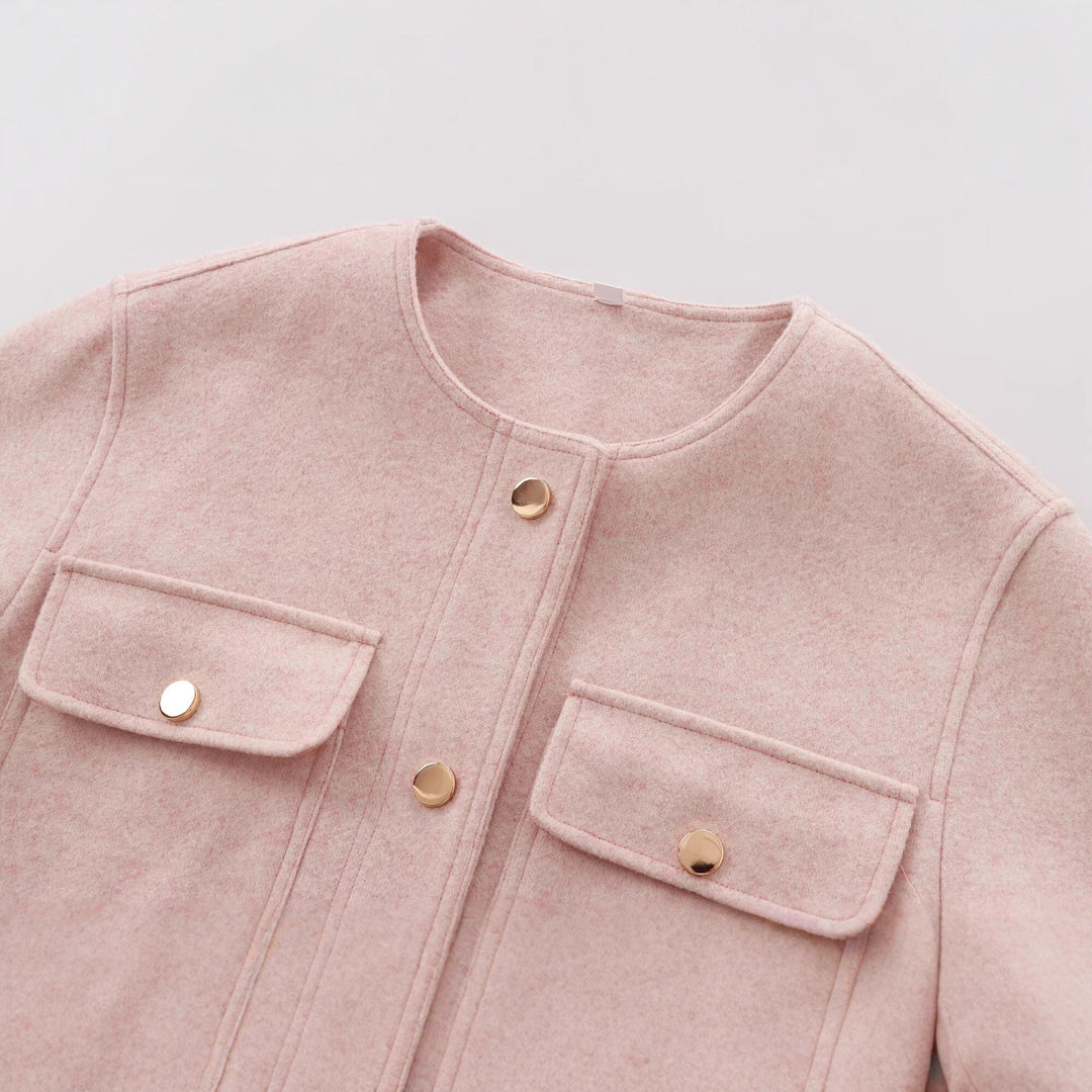 Damen Cropped Wollmix‑Jacke im Boxy‑Schnitt mit Rundhalsausschnitt und Zierdruckknöpfen Nord Taschen