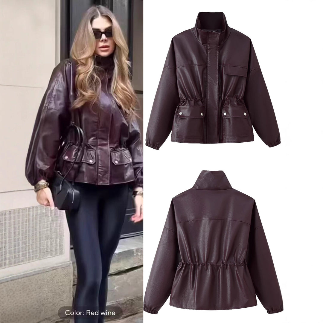 Damen Kunstleder-Parka mit Stehkragen, Taillenzug und aufgesetzten Klappentaschen Nord Taschen